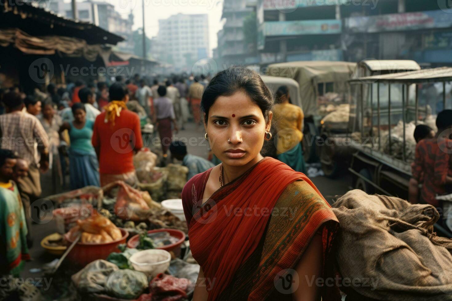 ai generado pobreza indio al aire libre mujer India viaje ciudad mercado antiguo hindú hinduismo pobre hembra foto