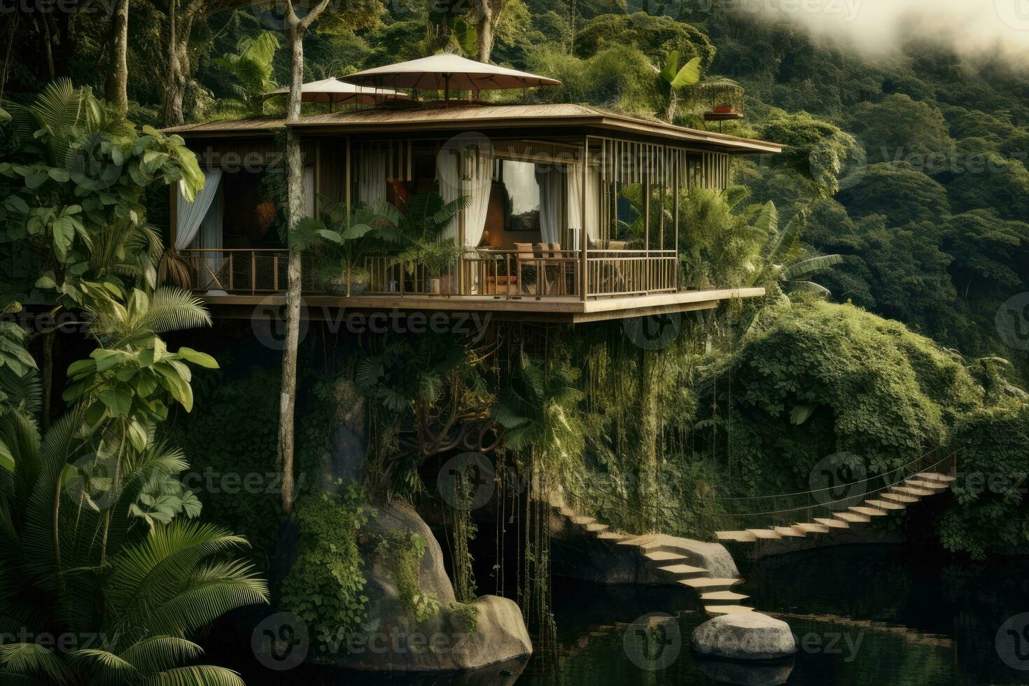 AI Generated House tourism beauty architecture landscape vacations tropical travel trees green photo