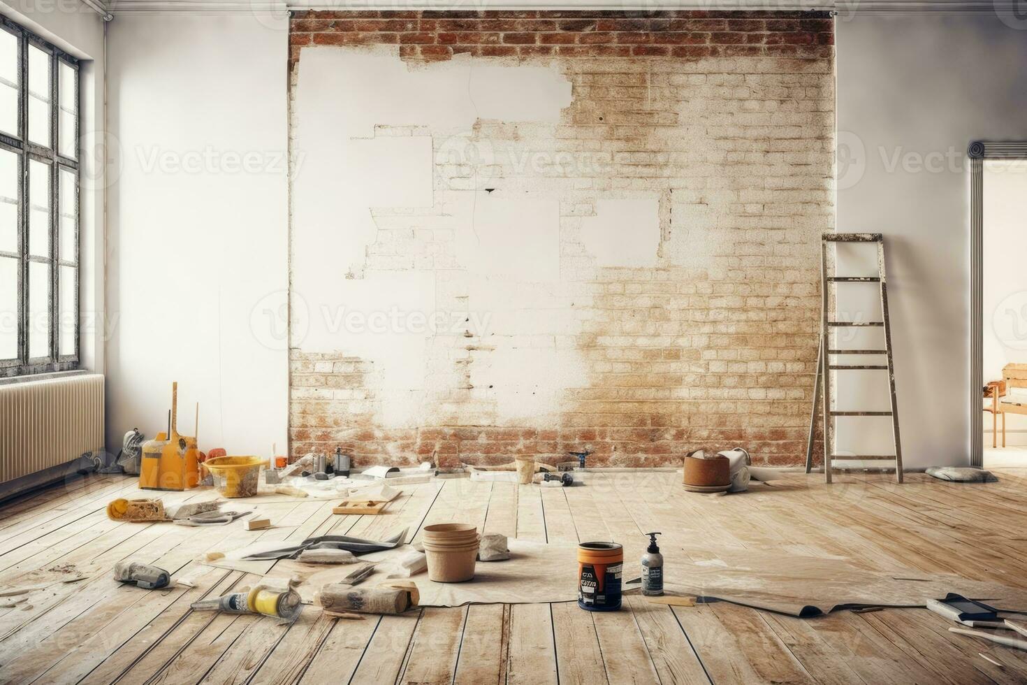 AI Generated Old construction empty work window room interior house improvement home wall repair photo