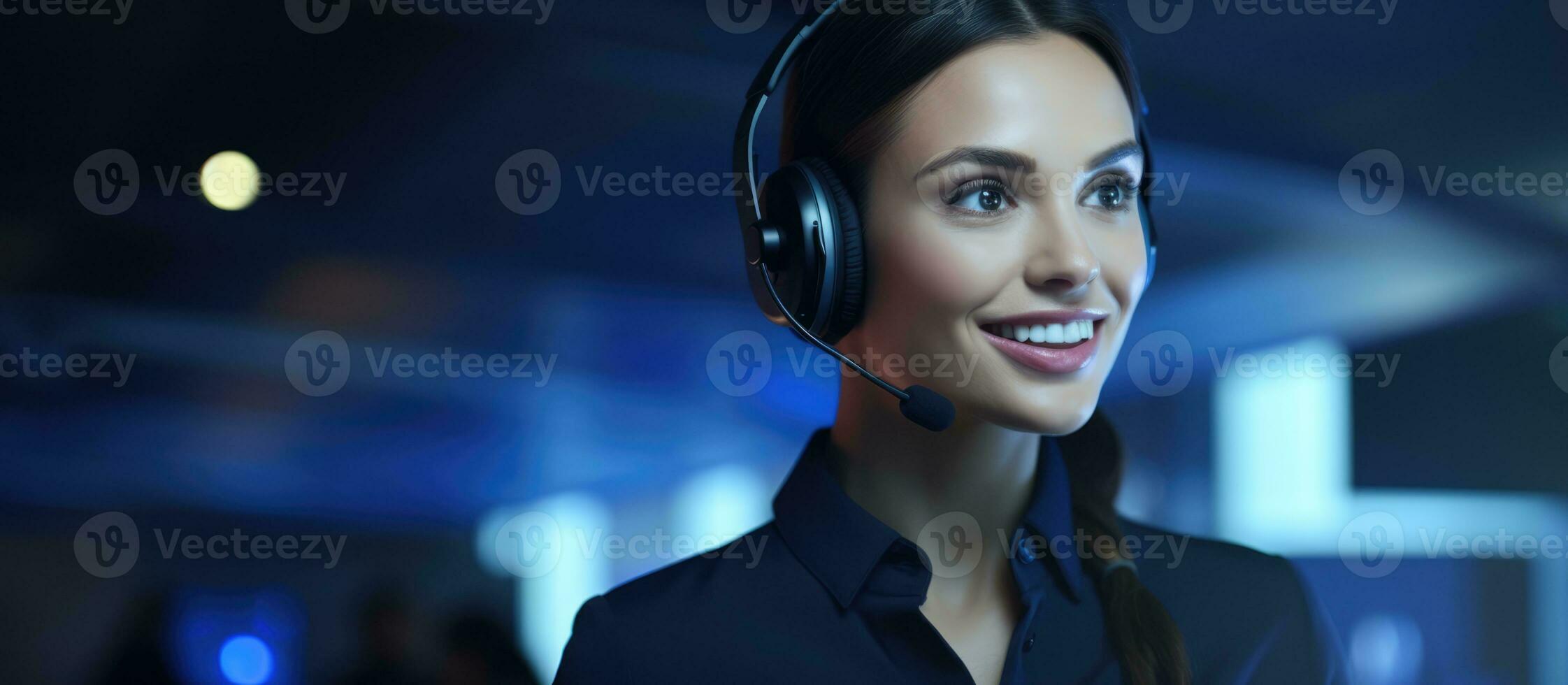 AI Generated Woman receptionist phone happy person customer center businesswoman operator agent photo