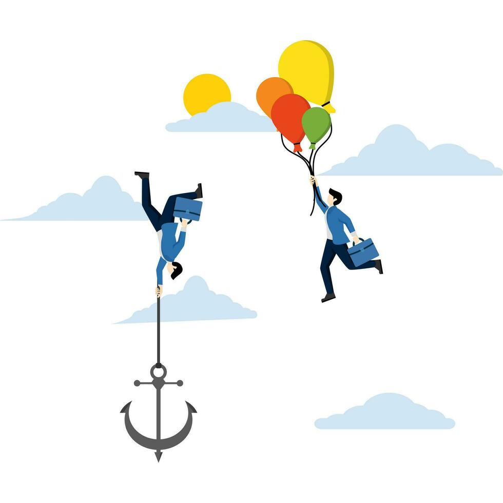 Concept of business ranking rising or falling, situation of success and failure, growth or defeat, risk or challenge, businessman holding a rising balloon compared to another falling with an anchor. vector