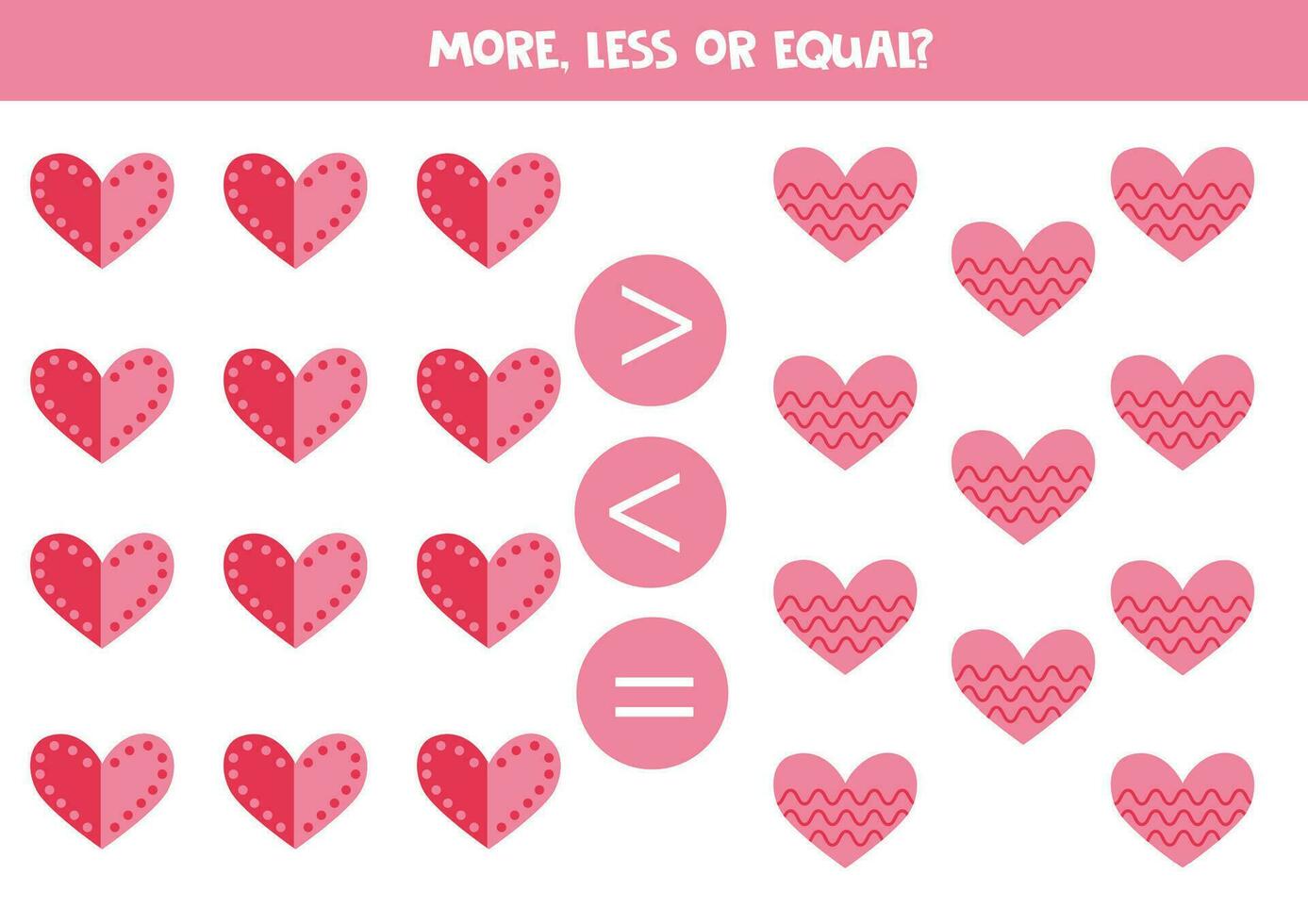Grater, less or equal with cartoon valentine day hearts. vector