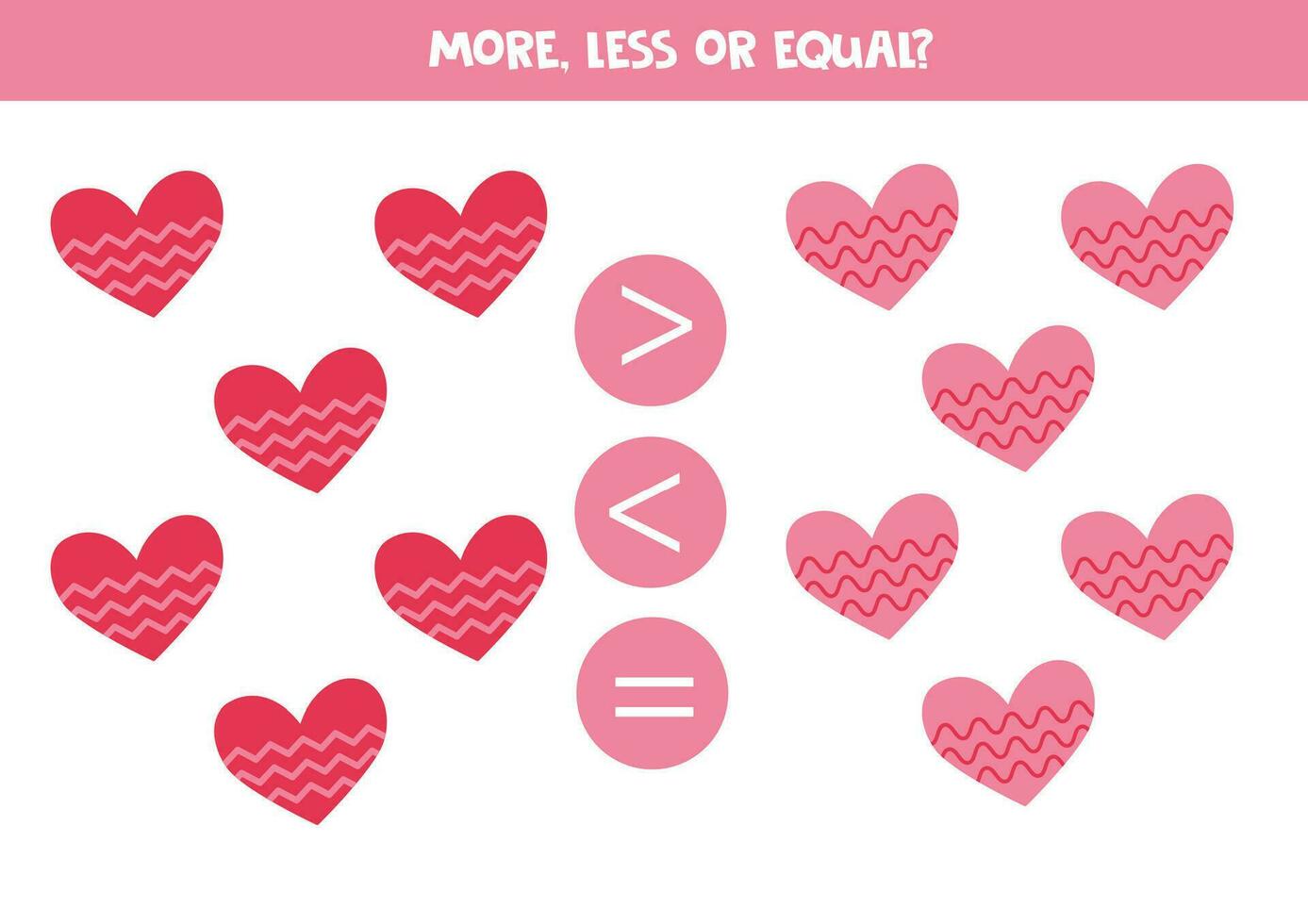 Grater, less or equal with cartoon valentine day hearts. vector