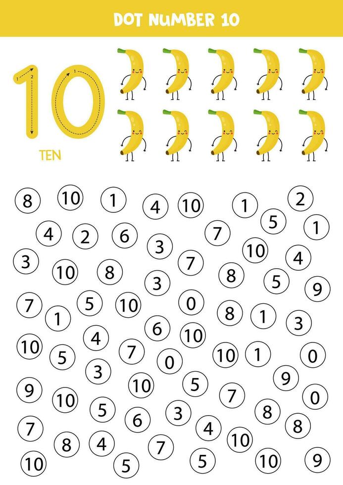 Find and dot number ten. Learning number 10 with cute bananas. Educational worksheet. vector