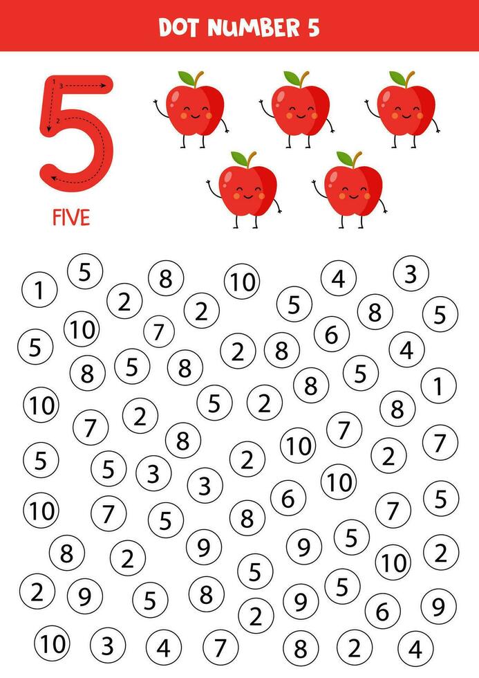 Find and dot number five. Learning number 5 with cute red apples. Educational worksheet. vector