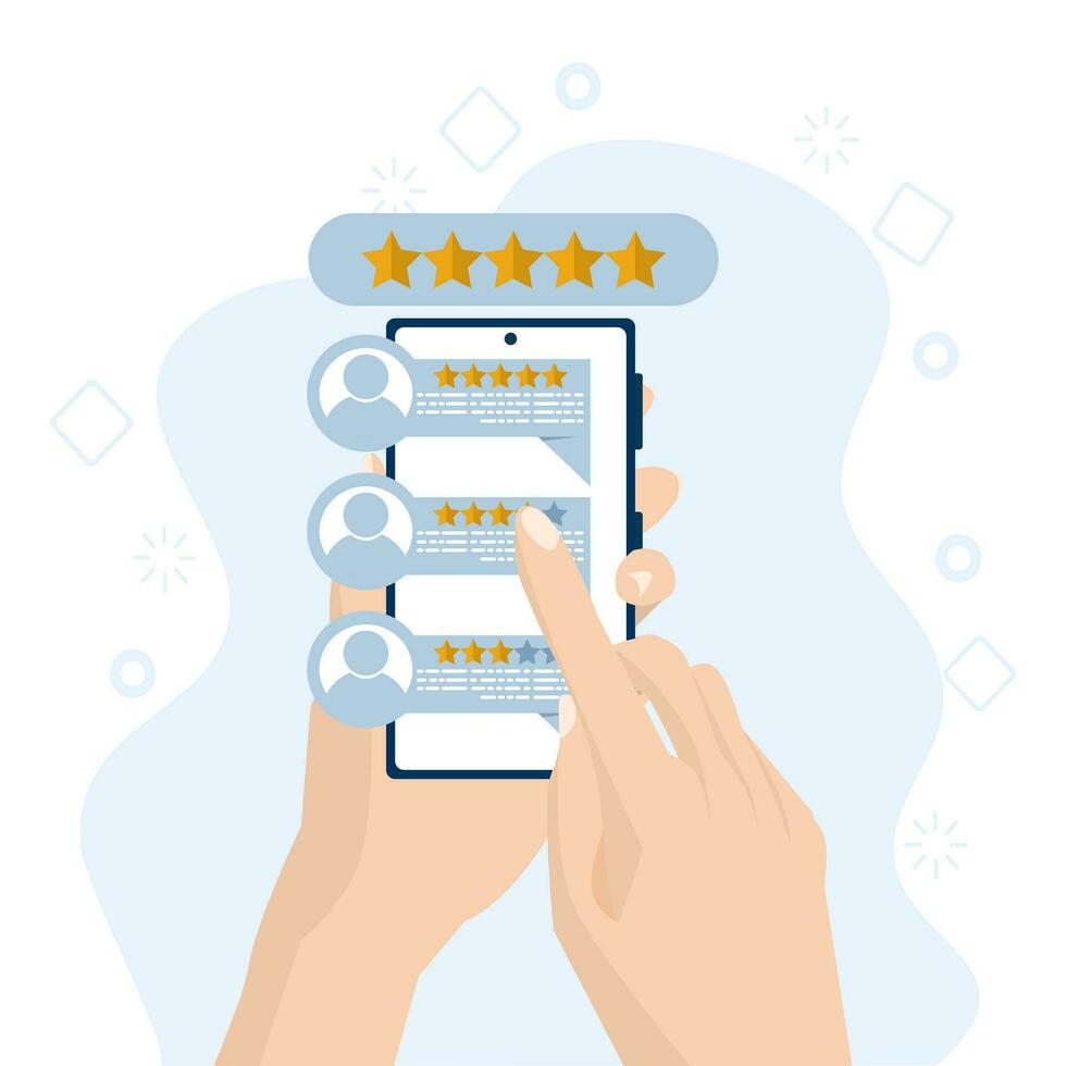customer review rating and feedback concept. characters provide five-star feedback and voice satisfaction ratings on the smartphone app. Flat vector illustration isolated on white background.