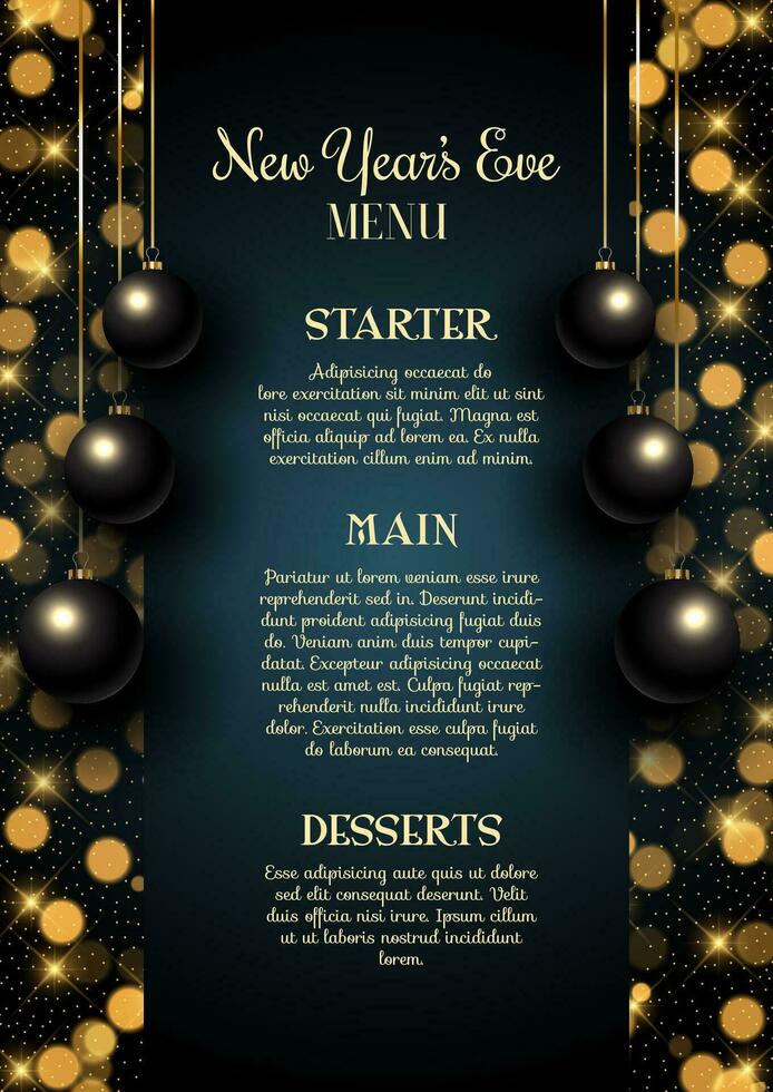 Elegant New Years Eve menu design with hanging baubles vector