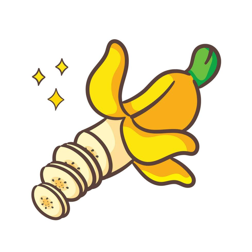 Banana peeled and sliced cartoon vector illustration. Fruit and food concept design Flat style. isolated white background. Clip art icon design.