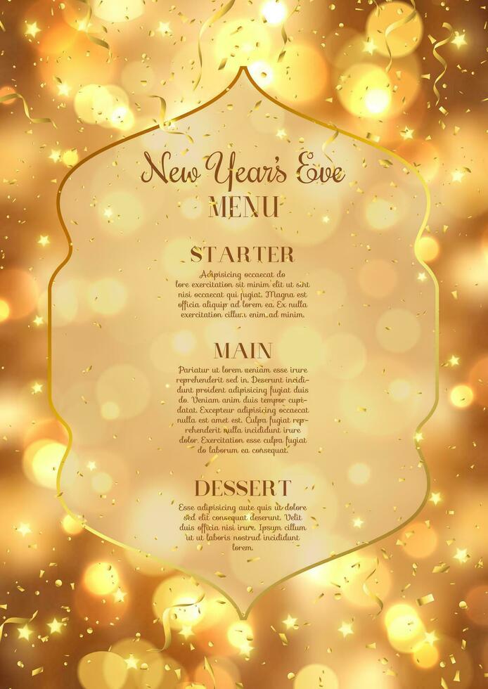 golden New Years Eve menu design with bokeh lights vector