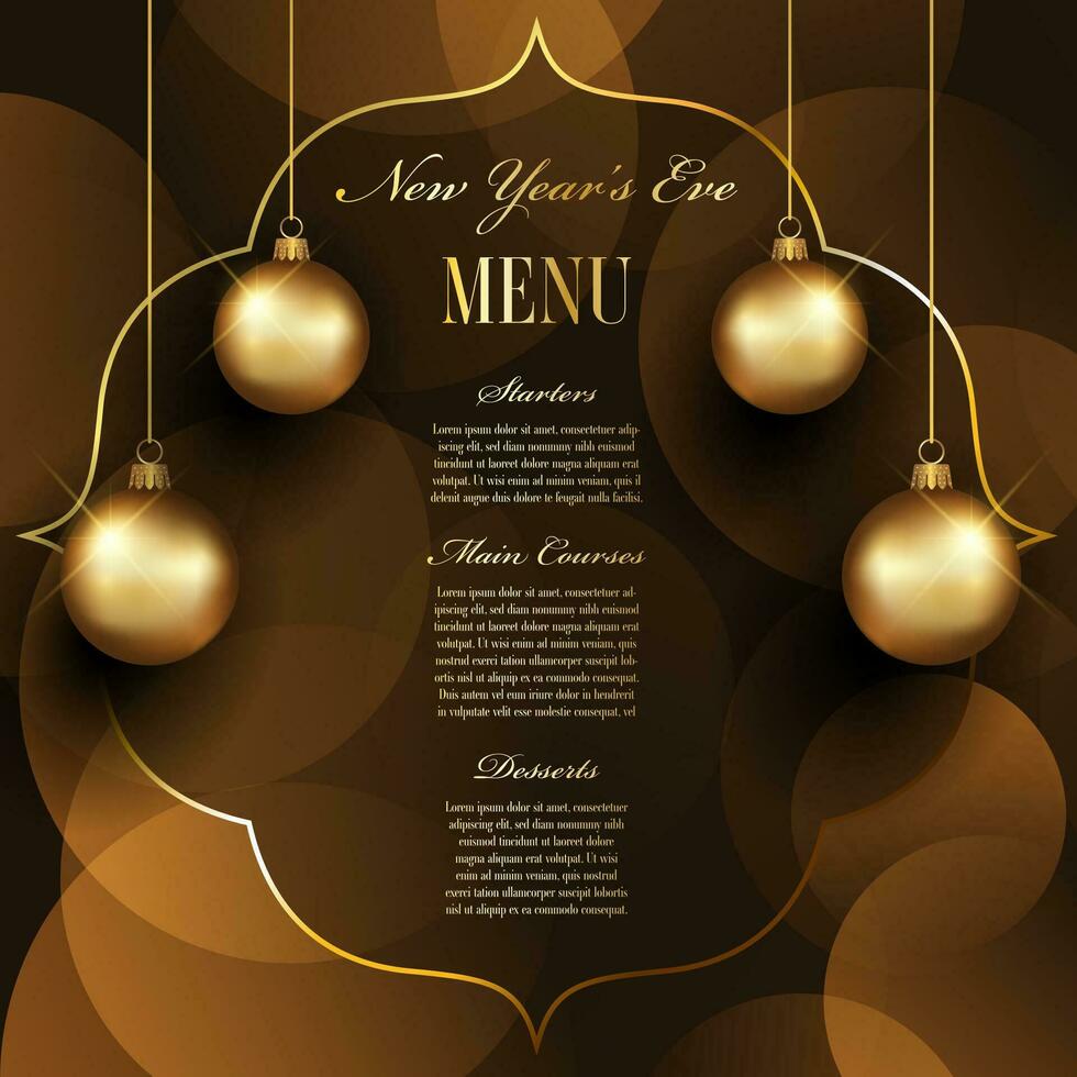 Elegant New Years Eve menu design with gold hanging baubles vector