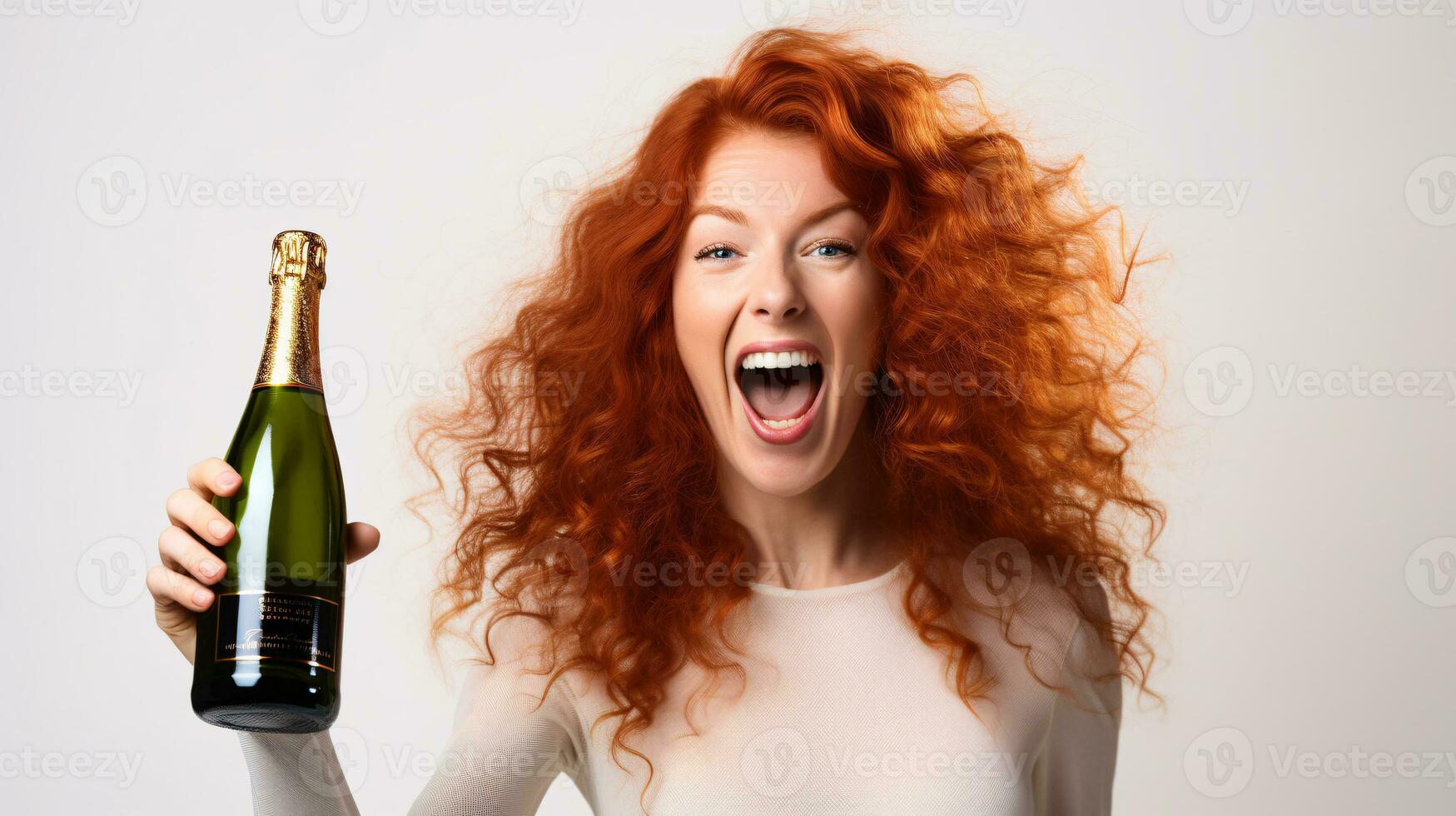 AI generated Happy woman celebrating new year with a bottle of champagne in hand photo