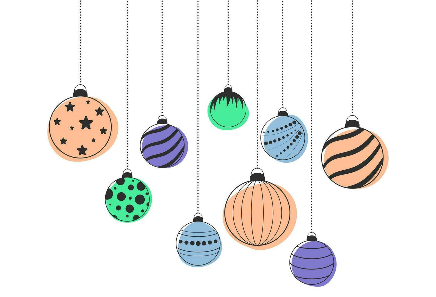 Set of christmas balls in the trendy colors. Peach fuzz. Merry Christmas and Happy New Year greeting card with hanging ball decoration. Flat vector illustration isolated on white background.