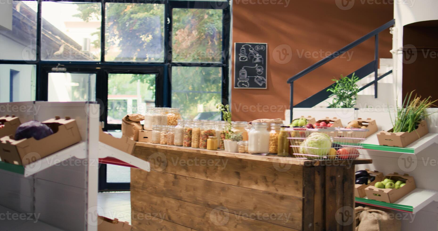 Natural fruits and veggies in crates on farmers market shelves. Freshly harvested additives free food alternatives to support vegan nutrition and healthy lifestyle, nonpolluting supermarket. photo