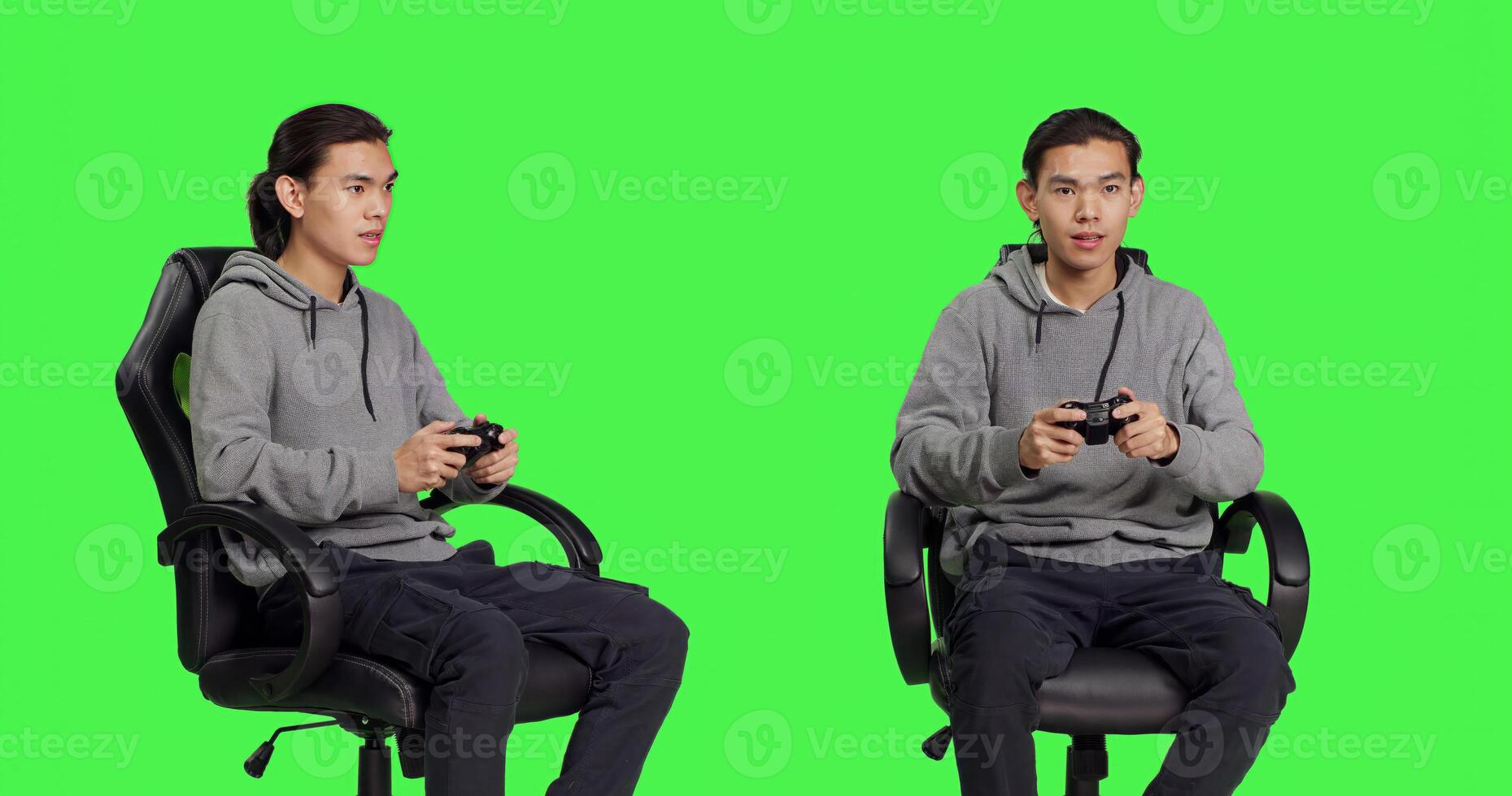Asian guy playing videogames over greenscreen backdrop, using controller and having fun with friends on online gaming competition. Young man gamer enjoying rpg gameplay, blank background. photo
