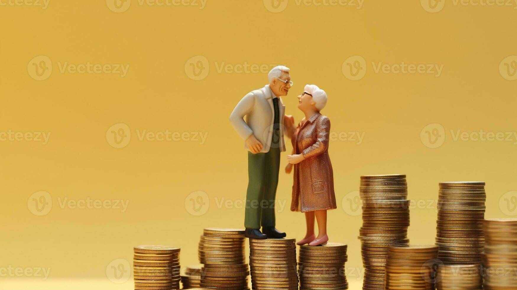 AI generated Old Couple Action Figures Standing on Coin Stack. Retirement, Saving, Investment, Pension Concept photo