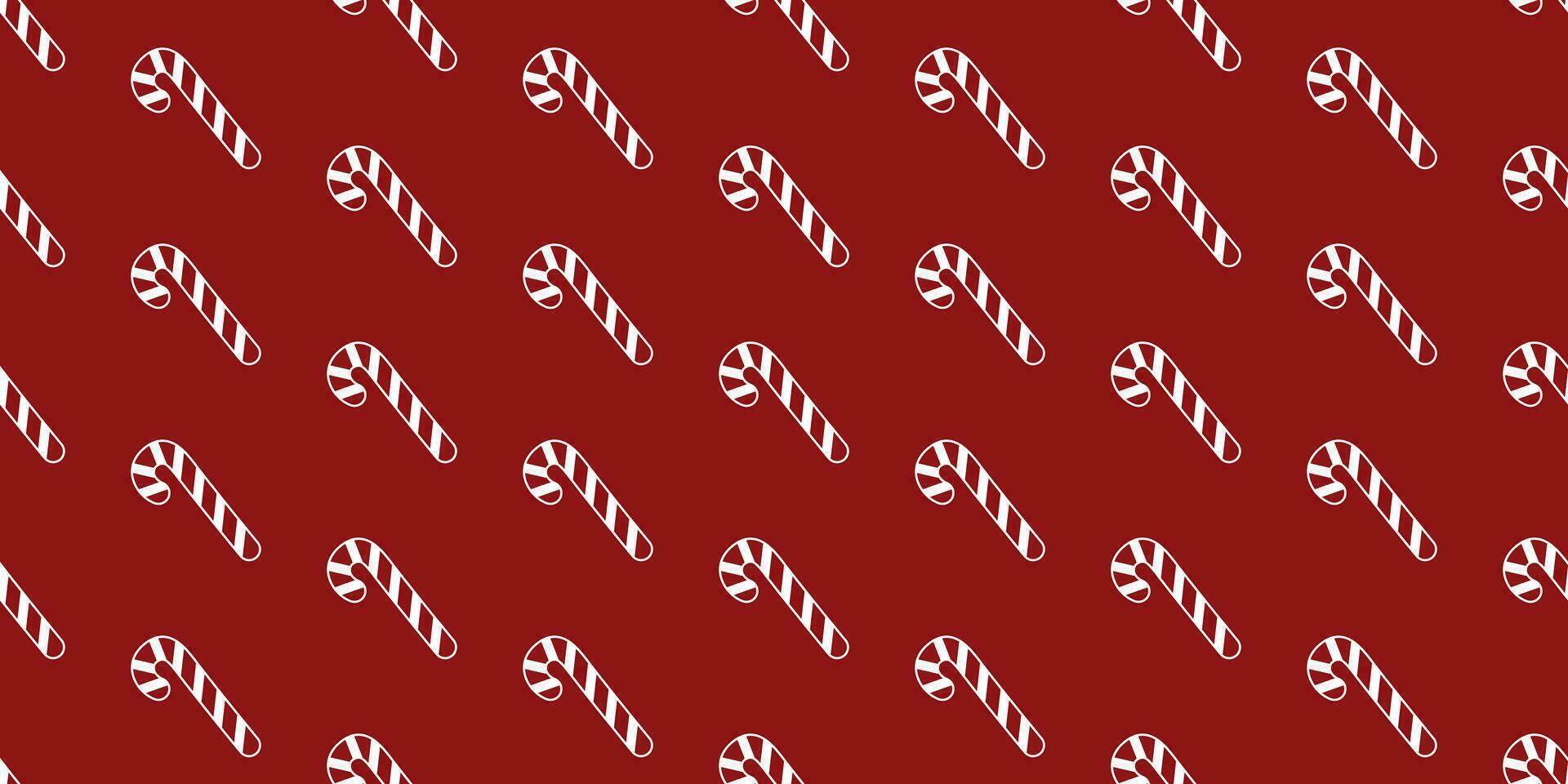 Red seamless background with white outline of candy cane. Seamless Christmas and New Year pattern with candies. Red and white. For wallpaper, fabric, wrapping paper for gifts. Vector illustration.