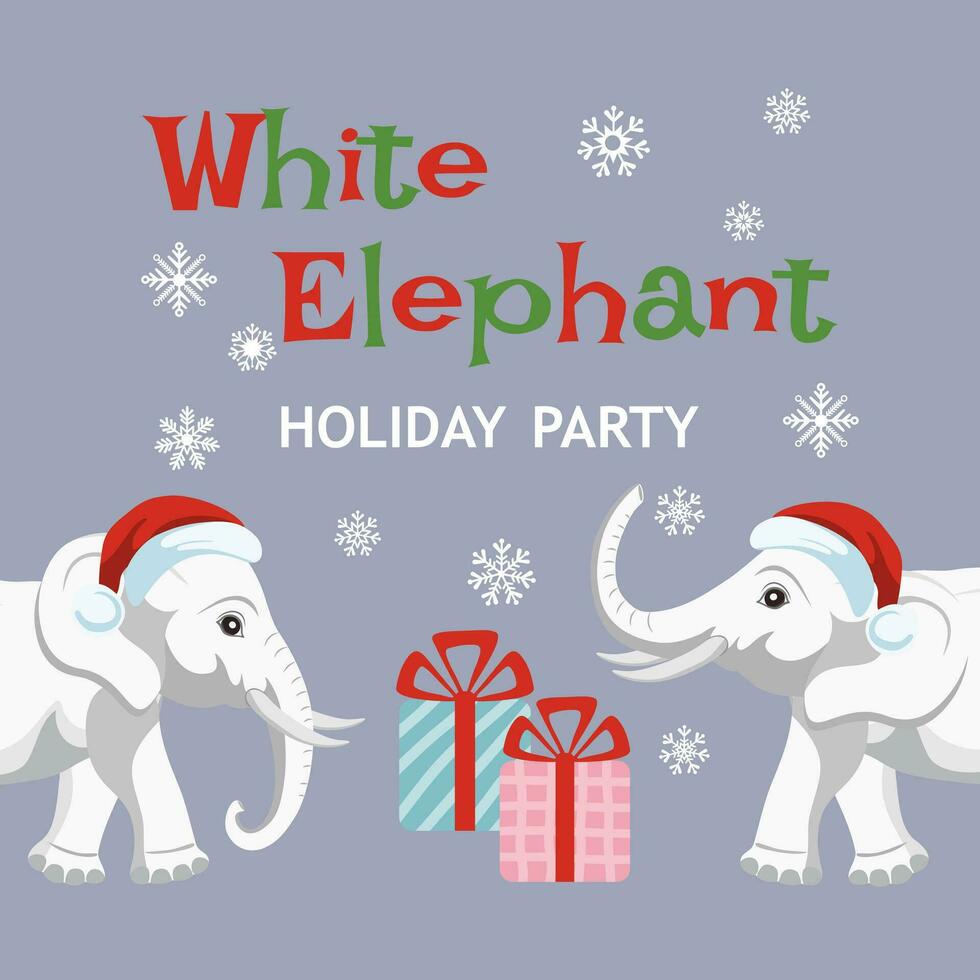 invitación a el blanco elefante Navidad fiesta. linda póster modelo para el blanco elefante regalo intercambiar juego. vector ilustración.