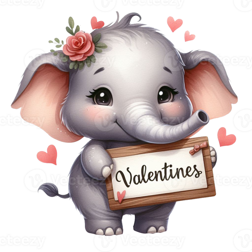 Cute baby elephant watercolor illustration holding a sign or banner, red heart and rose flower Little elephant hand draw cartoon style on valentine day on transparency png file formate