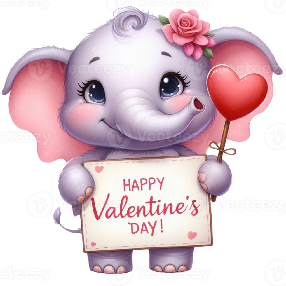 Cute baby elephant watercolor illustration holding a sign or banner, red heart and rose flower Little elephant hand draw cartoon style on valentine day on transparency png file formate