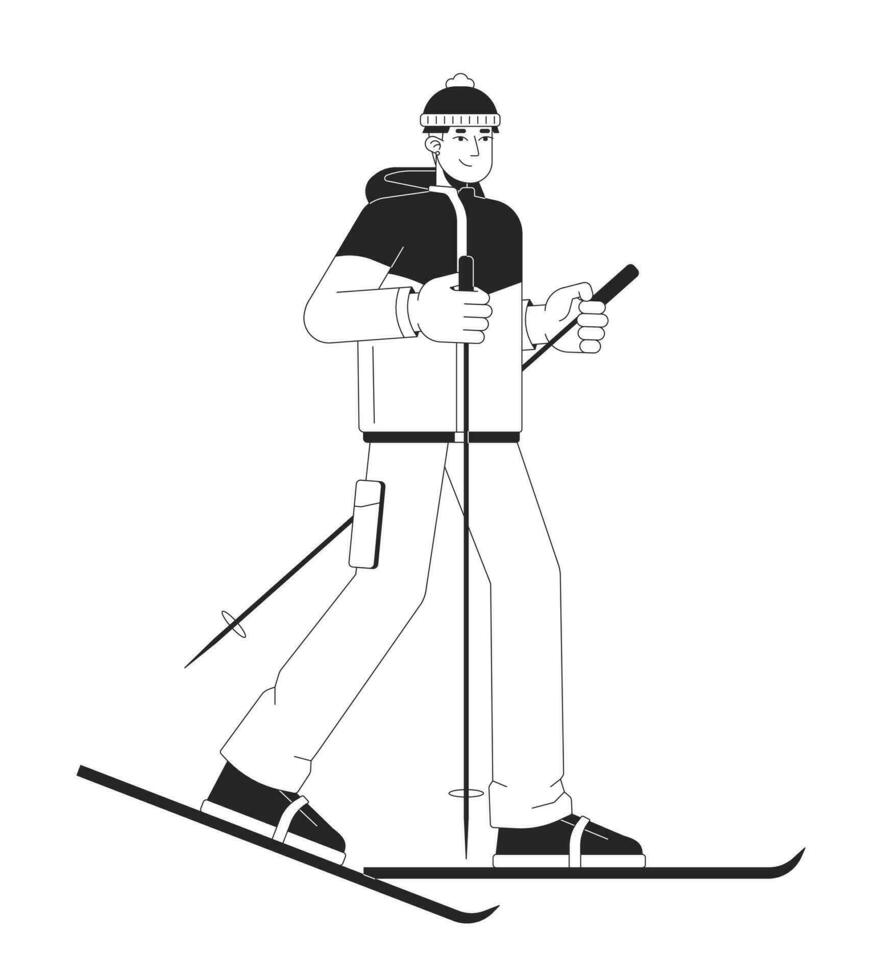 Asian young adult man skier using ski poles black and white 2D line cartoon character. Skiing korean male isolated vector outline person. Active lifestyle monochromatic flat spot illustration