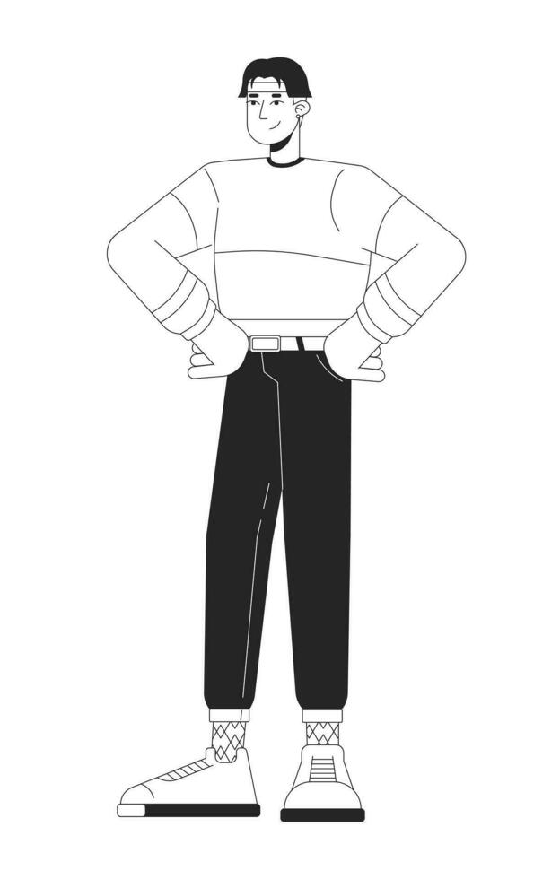 Confident hands on hips korean guy black and white 2D line cartoon character. Casual 80s outfit asian man posing isolated vector outline person. Nostalgia fashion monochromatic flat spot illustration