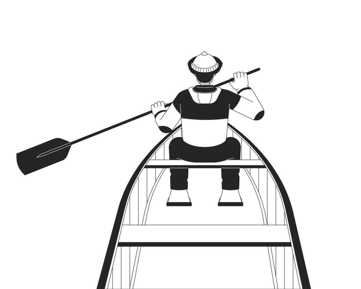 invierno pescador paseo en barco con paleta negro y blanco 2d línea dibujos animados personaje. invierno ropa de calle Hispano hombre aislado vector contorno persona. montando barco monocromo plano Mancha ilustración