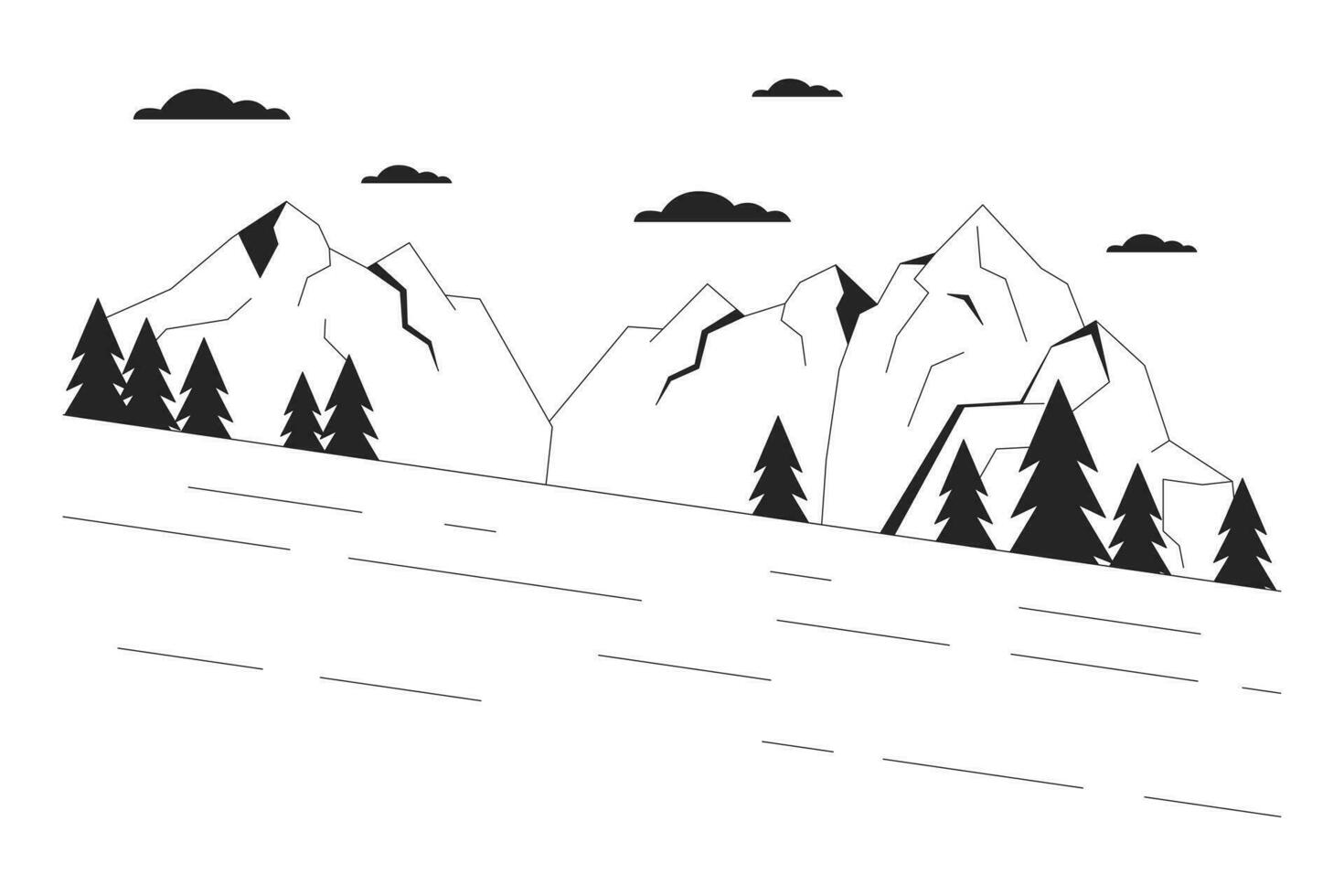 Ski slope beside mountain forest black and white cartoon flat illustration. Skiing downhill 2D lineart landscape isolated. Snow resort mountainside slalom monochrome scene vector outline image