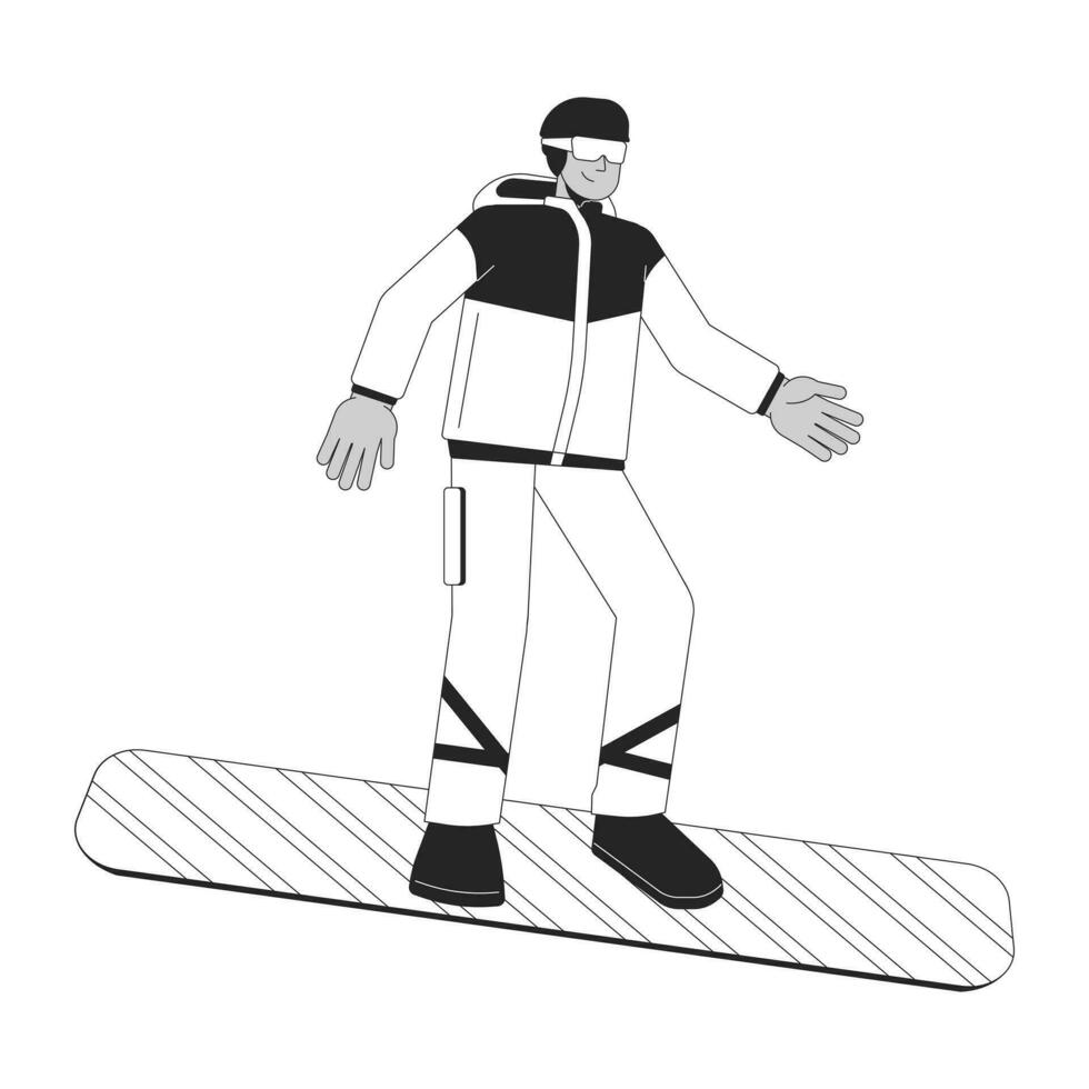 Snowboarder male latin american black and white 2D line cartoon character. Hispanic man wearing warm clothing isolated vector outline person. Snowboarding vacation monochromatic flat spot illustration