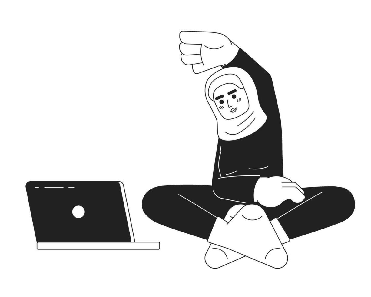 musulmán aptitud blogger negro y blanco dibujos animados plano ilustración. yoga ordenador portátil. hijab mujer extensión trabajo fuera lineal 2d personaje aislado. hogar rutina de ejercicio cuaderno monocromo escena vector imagen