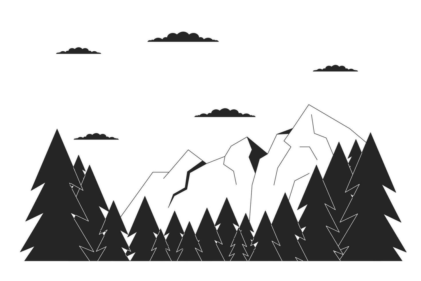 Scenery mountain range pine trees black and white cartoon flat illustration. Ski resort summit 2D lineart landscape isolated. Clouds above mountains springtime monochrome scene vector outline image