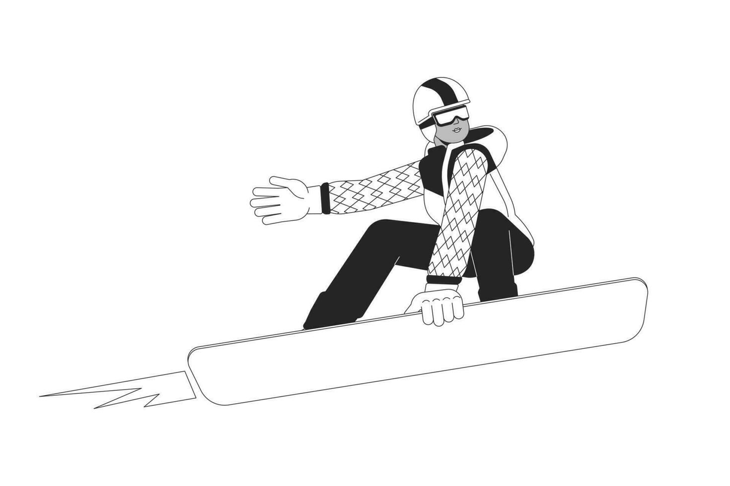 frio negro mujer ejecutando truco en tabla de snowboard negro y blanco 2d línea dibujos animados personaje. africano americano snowboarder aislado vector contorno persona. extremo monocromo plano Mancha ilustración