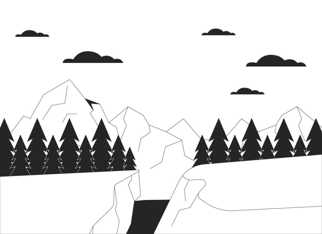 Snowboard jump area mountainside black and white cartoon flat illustration. Mountain sports 2D lineart landscape isolated. Wintertime ski resort destination monochrome scene vector outline image