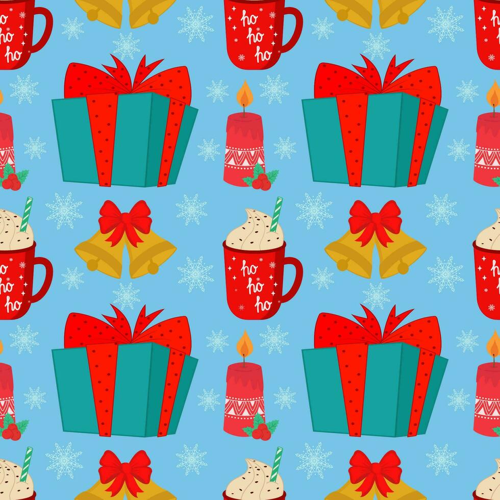 Vector illustration of a seamless Christmas background with elements of parties and celebrations, such as a gift, a bell, a candle and a coffee mug. Stock illustration. New Year's pattern.