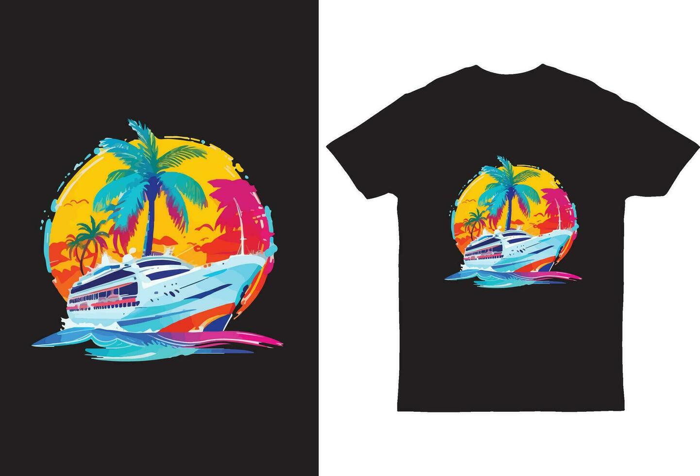 Graphic t-shirt illustration of Palm Tree cruise ship vibrant colors vector