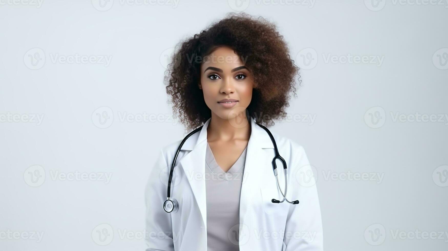 AI generated Black Woman Doctor Isolated on the White Background. Copy Space, DEI, DEIB Concept photo