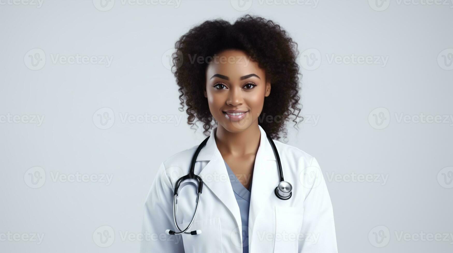 AI generated Black Woman Doctor Isolated on the White Background. Copy Space, DEI, DEIB Concept photo