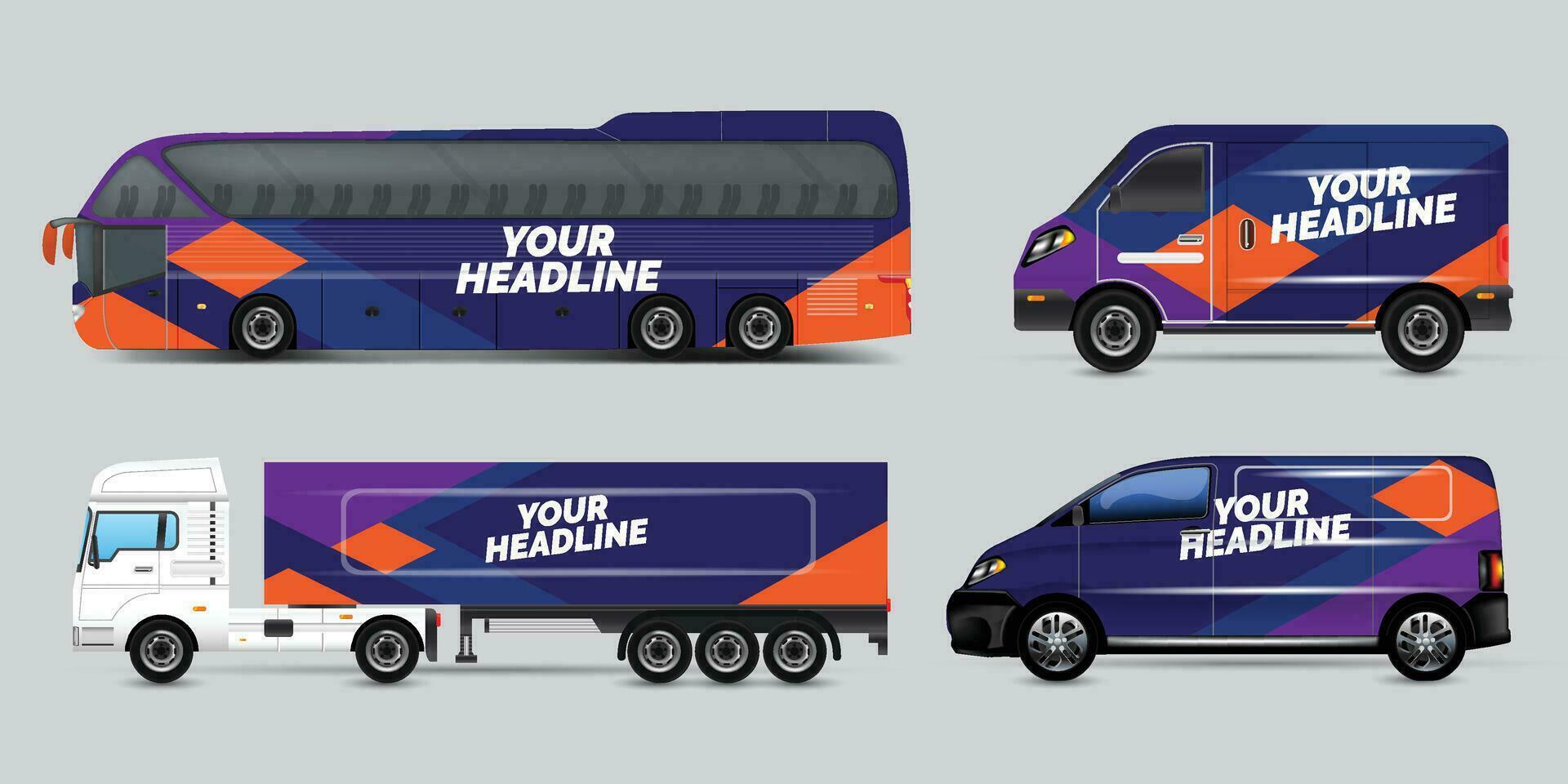 Vector car identity template design set of Coach Promo tour Bus, Cargo Van, and Commercial Car isolated on grey. Abstract hi-tech technology geometric elements for Brand identity and Advertising