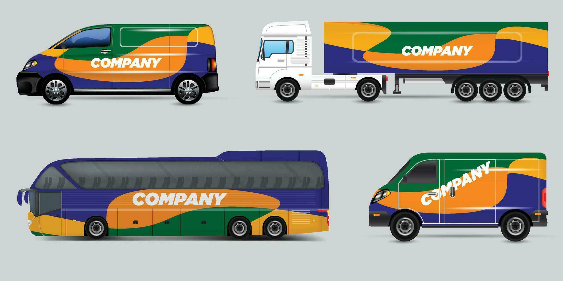Vector car identity template design set of Coach Promo tour Bus, Cargo Van, and Commercial Car isolated on grey. Abstract hi-tech technology geometric elements for Brand identity and Advertising