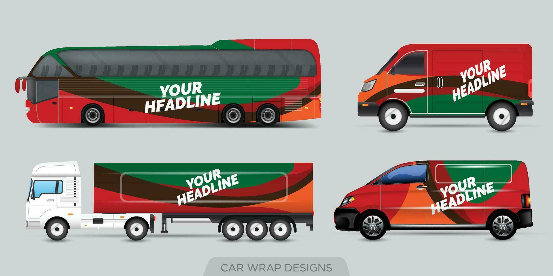Vector car identity template design set of Coach Promo tour Bus, Cargo Van, and Commercial Car isolated on grey. Abstract hi-tech technology geometric elements for Brand identity and Advertising