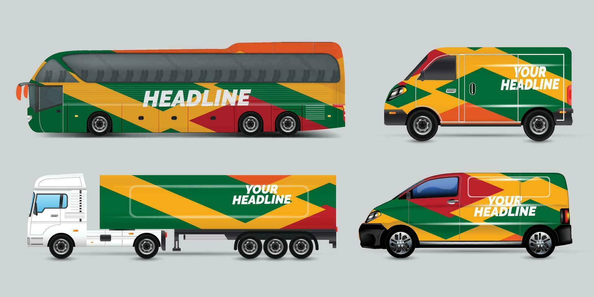 Vector car identity template design set of Coach Promo tour Bus, Cargo Van, and Commercial Car isolated on grey. Abstract hi-tech technology geometric elements for Brand identity and Advertising