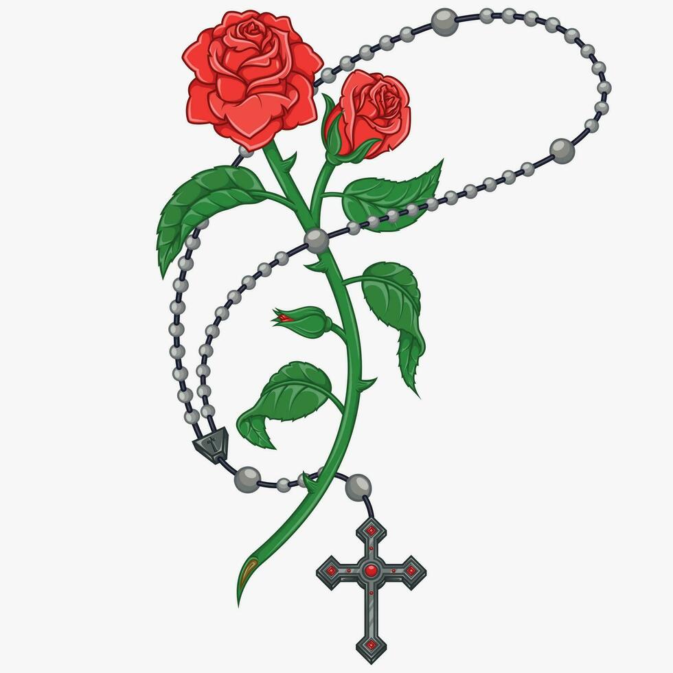 Vector design Catholic rosary with roses and petals, symbol of the Catholic religion