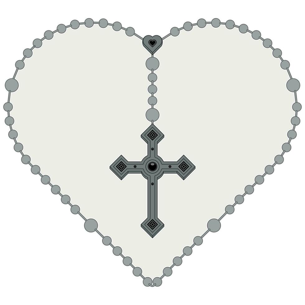 Vector design of heart shaped rosary, rosary with Christian cross, symbol of Catholic religion