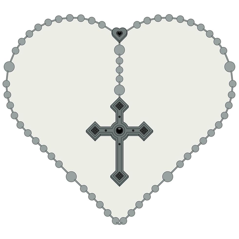 Vector design of heart shaped rosary, rosary with Christian cross, symbol of Catholic religion
