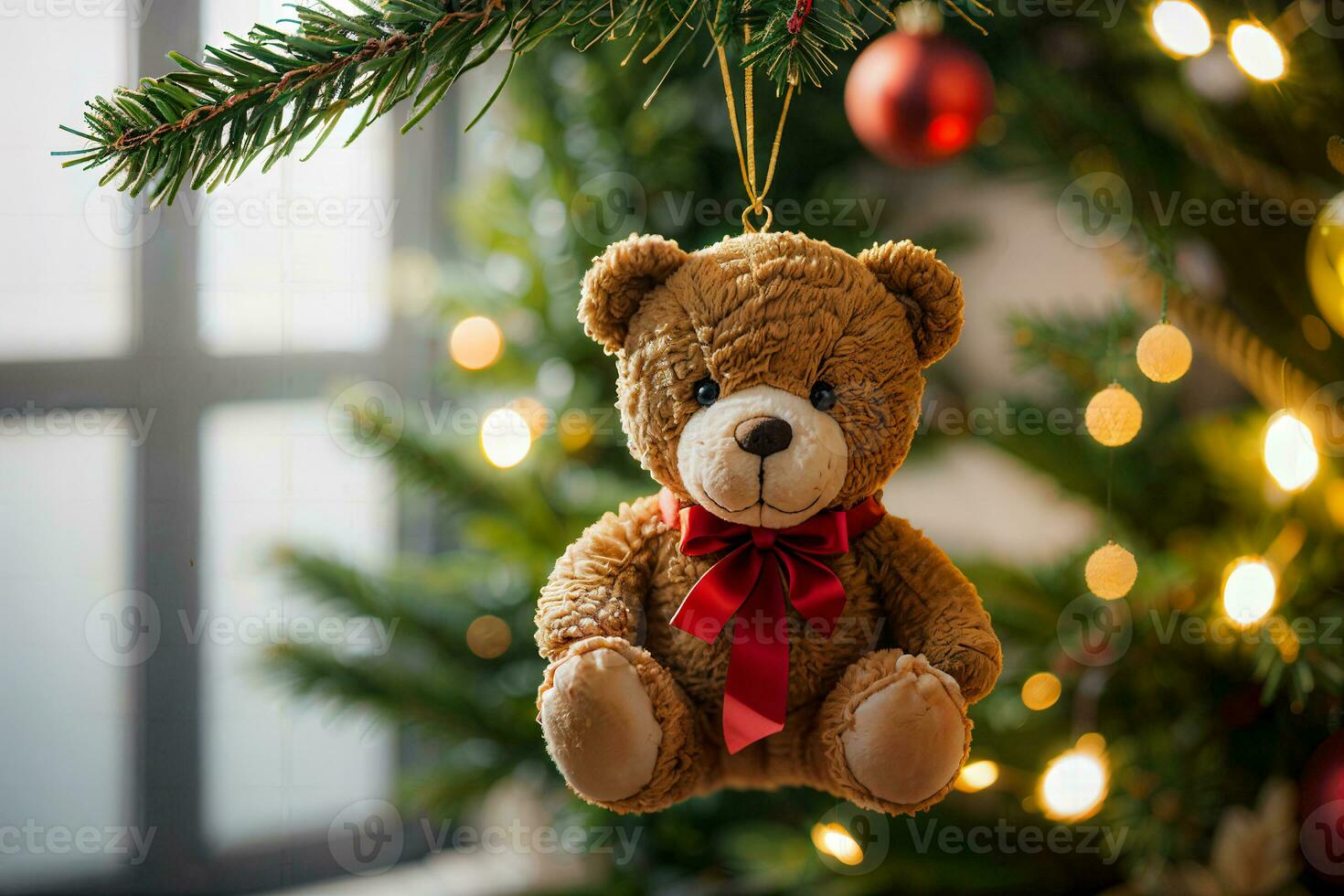 AI generated A red-bowled teddy bear hangs from a tree decked out with Christmas lights, which is set against a window. photo