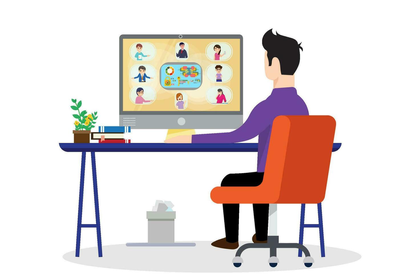 view from behind On laptops with various employees Colleagues on screen, video call, online meeting App for video conferencing with many people together vector