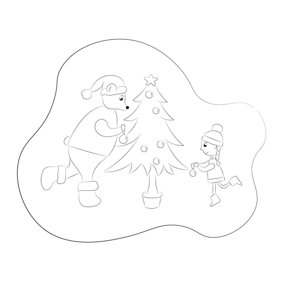 Sketch of a bear and a girl who are decorating a Christmas tree, isolate on white, in motion, blank for a postcard, Christmas vector