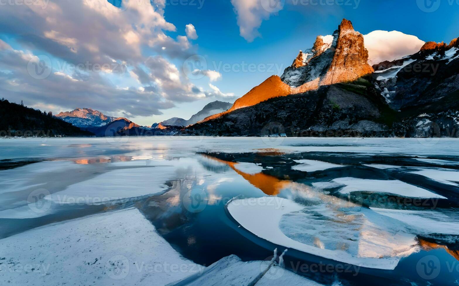 ai generado de invierno abarcar, un majestuoso congelado lago con intrincado hielo grietas, foto