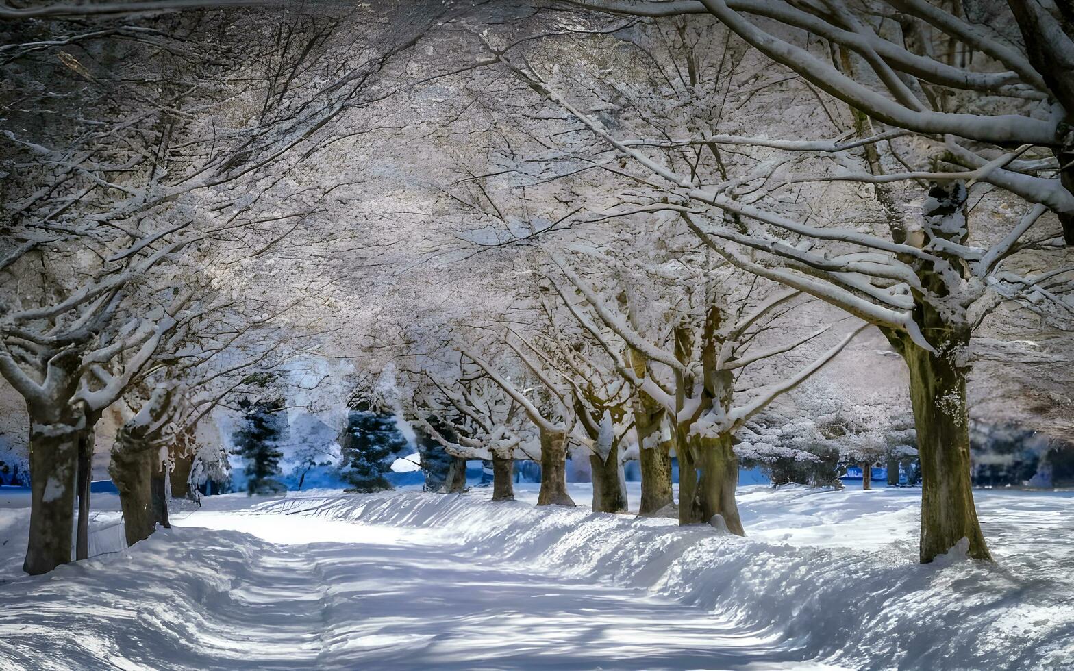 AI generated Winter Whispers, Enchanting Snow-Kissed Woodland Landscape Captures the Majestic Beauty of a Serene Frozen Forest Scene photo