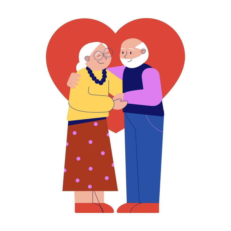 Old cartoon character couple hugging each other. Elderly people in love. vector