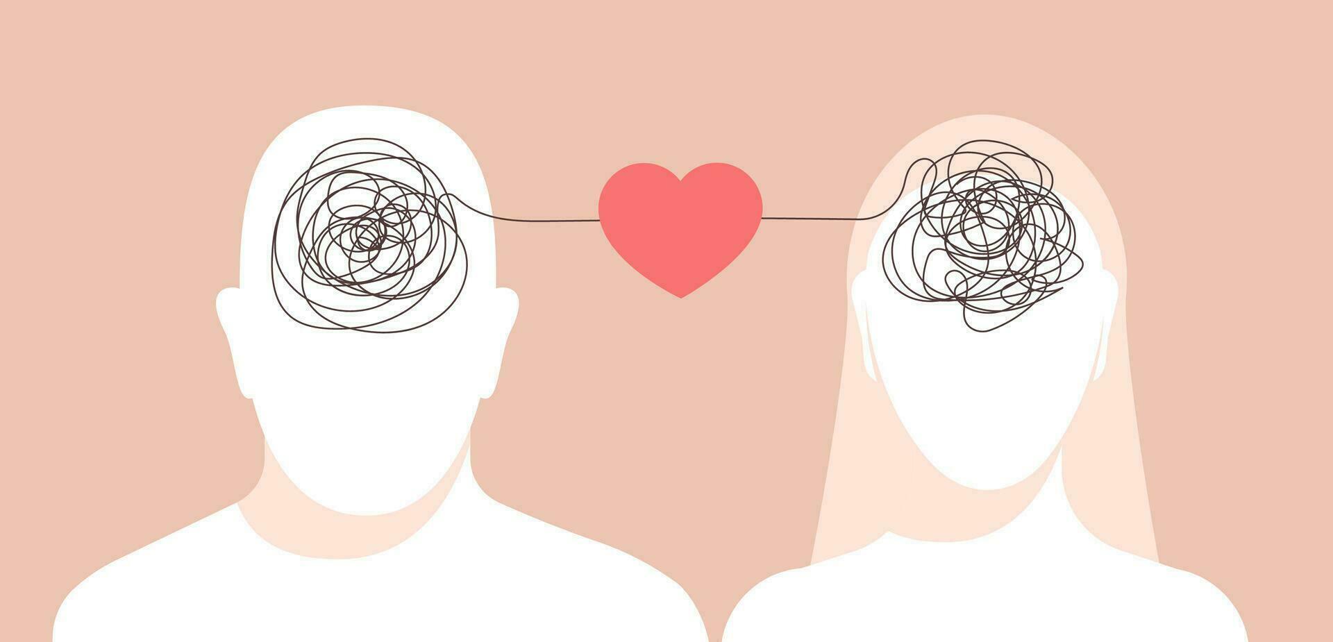 Couple faceless silhouettes with scribbled brains connected with heart in between. vector